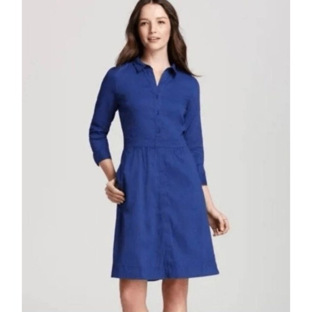 Eileen Fisher Linen Blend Shirt Dress‎ Medium Blue 3/4 Sleeve Pockets Minimalist